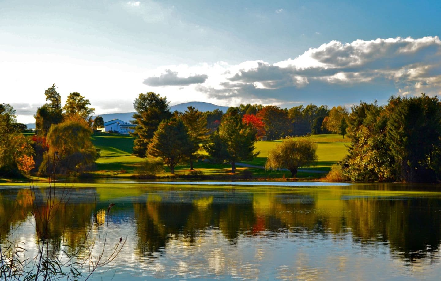 Autumn pond reflection at Greene Hills Club, looking west across the eighteenth fairway toward the Blue Ridge ridgeline at dusk.