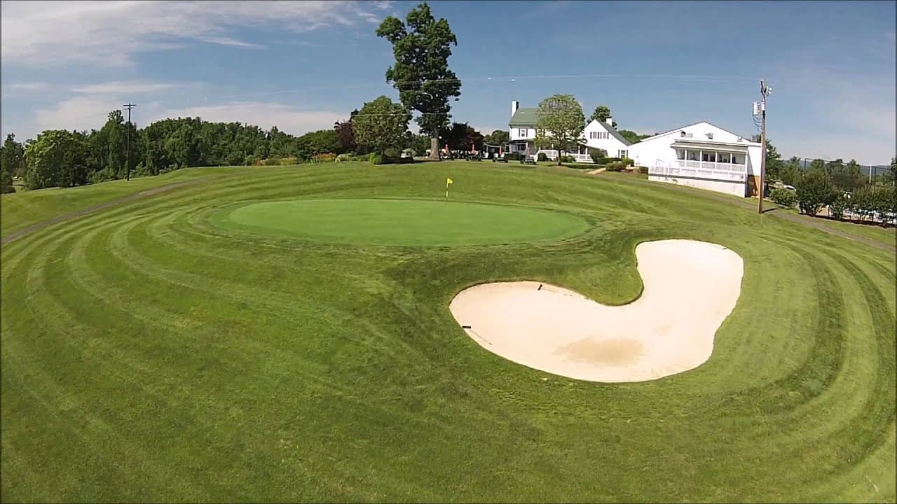 Aerial view of hole 18, par 3, at The Greene Hills Club.