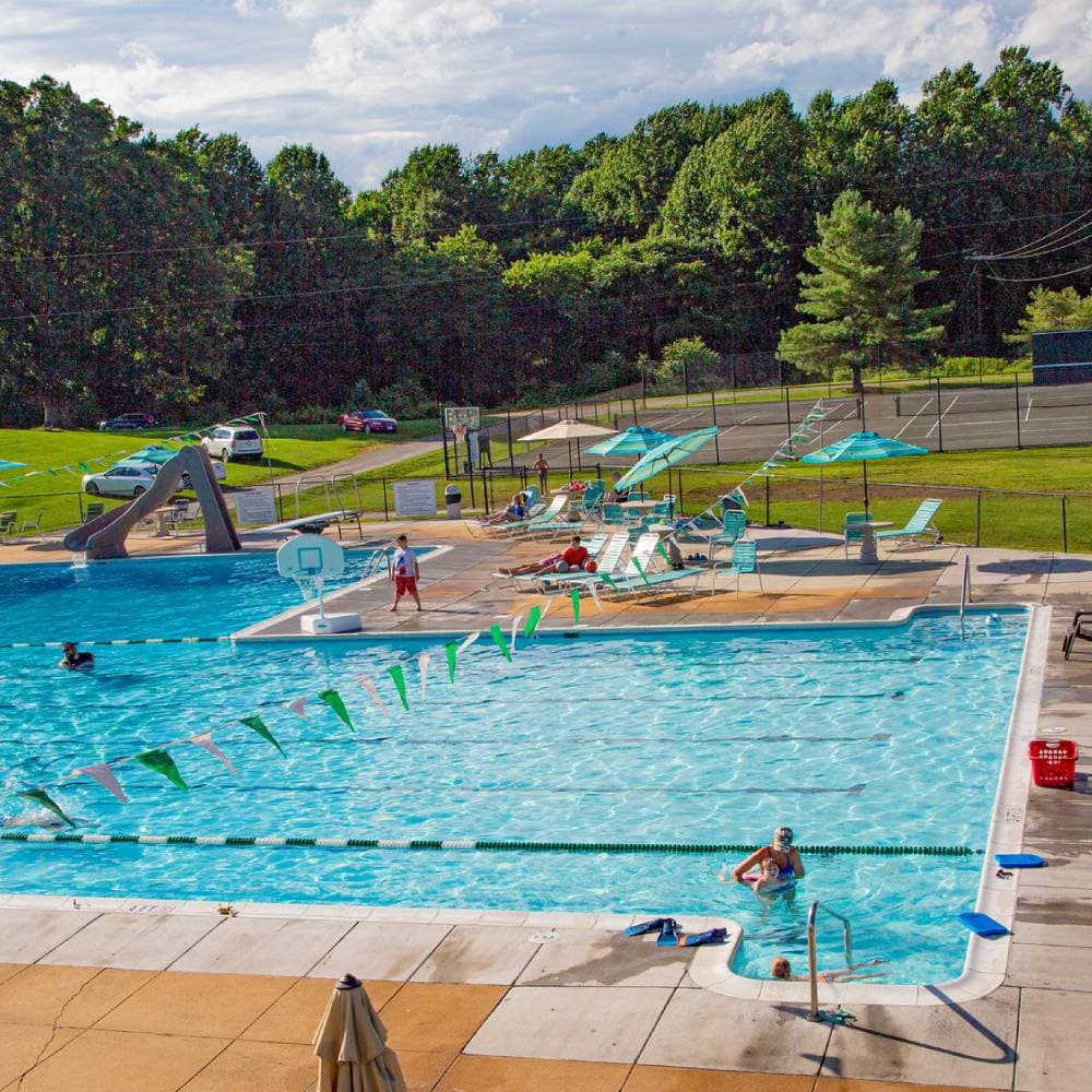 The Greene Hills pool with the slide, the diving board, and the basketball net on a summer afternoon.